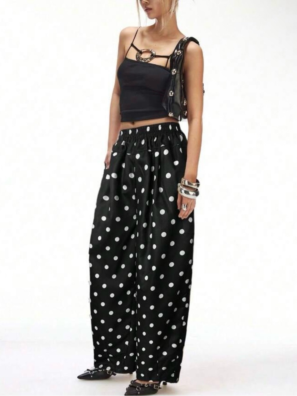 Polka Dot Wide-Leg Pants in Black